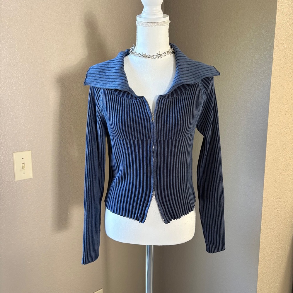 Cider Blue Ribbed Knit Zip Up Cardigan Wide Collar Slim Fit Sweater Womens Large